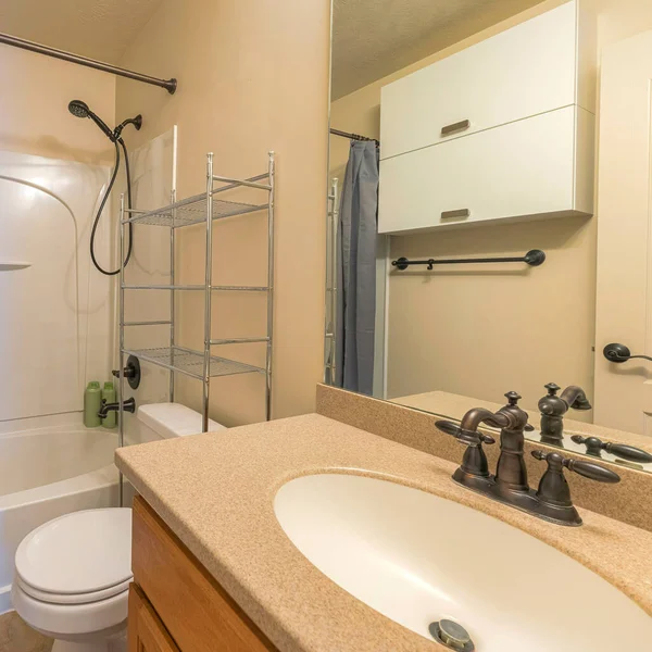 正方形传统的小浴室内部，装有壁柜和厕所储物柜 — 图库照片