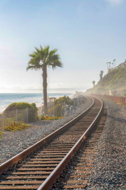 San Clemente, California 'da okyanus ve dağ manzaralı tren yolu. Solda bir palmiye ağacı var. Metal çitin yanında, plaja karşı ve arkada gökyüzü..