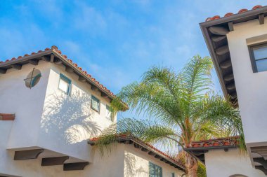 San Clemente, California 'da ortasında palmiye ağacı olan iki Akdeniz evi. Gökyüzüne karşı kil kiremitli çatıları olan evlerin alçak açılı görüntüsü.