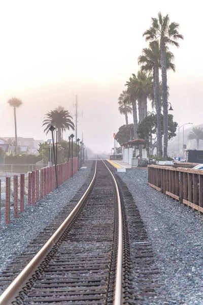 Bariyerli tren rayları ve San Clemente, CA 'deki palmiye ağaçları boyunca barakanın manzarası. Sağında tahta parmaklıklar olan demiryolu sisli bir arka plan manzarasına karşı..