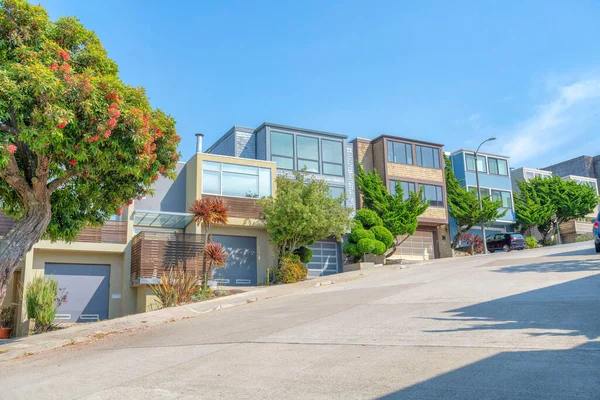 San Francisco, California 'da karmaşık loca evleri olan eğimli bir mahalle arazisi. Mahallenin dışında garaj yolları ve beton sokağın yanındaki ağaçlar var..