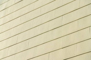 Kaliforniya, San Francisco 'da ahşap kiremit kaplama boyalı. Düşük açılı bir binanın dışındaki açık yeşil bir duvara yakın plan..