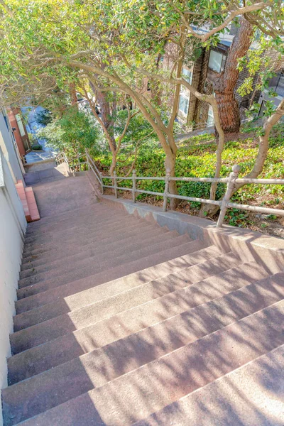 High concrete straight outdoor stairs on a slope in San Francisco, California. Stairs with landings and metal handrails on the right near the trees and plants and a view of the neighborhood.