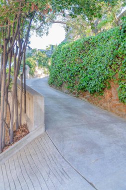 San Francisco, California 'da kaya duvarının yanında beton yol var. Kaldırımın yanında solda küçük ağaçlar ve arka planda yerleşim alanı manzarası var..