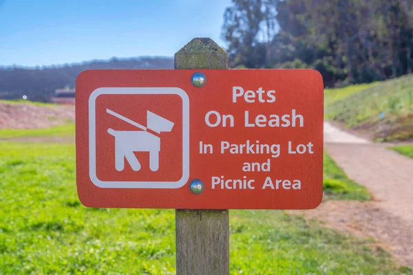 Pets on leash in parking lot and picnic area sign in San Francisco, California. Signage with illustration in close-up view against the walkway, trees, field, and sky at the background.