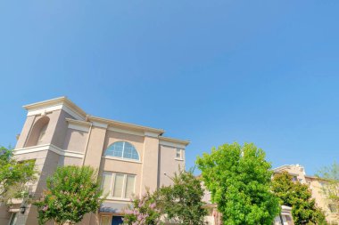 Multi-storey buildings in a low angle view at San Marcos, California. There are two cream colored buildings with trees at the front against the clear blue sky background.