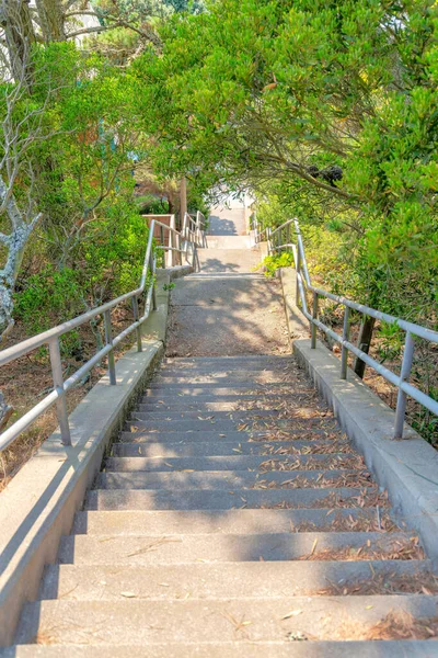 Outdoor stairs in a high angle view at San Francisco in California. Stairs with landings, concrete steps and metal handrailings in the middle of trees on both sides.