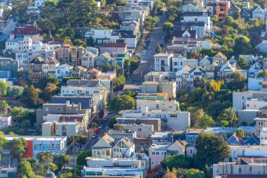 High angle view of a residential area in San Francisco, California. There is a straight road with parked vehicles on the sides in the middle of the neighborhood.