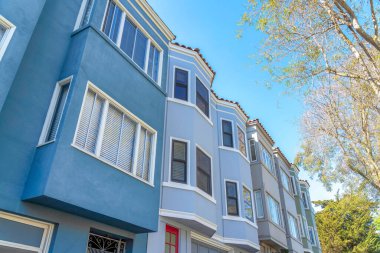 Front exterior of townhouses in a row with different wall colors in San Francisco, California. Townhomes with bow and bay windows in a low angle view with trees outdoors against the clear sky.