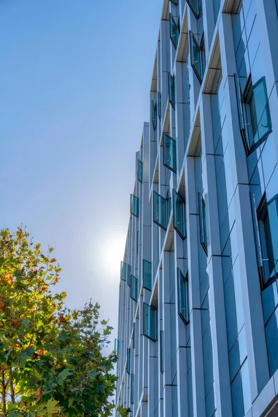 Apartment building in a low angle view with glass wall claddings and casement windows. Residential building in San Francisco, California with tree on the left against the sky.