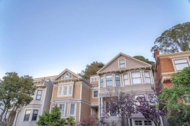 Single-family homes in the suburban neighborhood of San Francisco, California. Front exterior of houses with traditional structures with wood sidings and trees at the front and back.