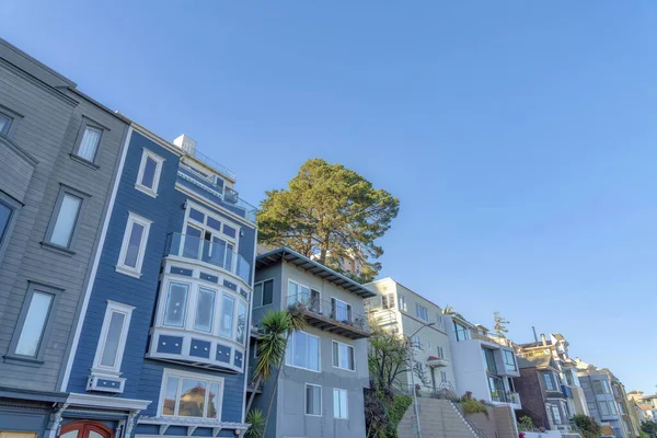 Townhomes in a low angle view with a tree at the back against the blue sky in San Francisco, CA. Row of multi-storey townhouses with traditional and modern designs.