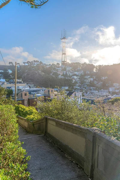 View Sutro Tower Clouds Concrete Pathway Barriers San Francisco Pathway — Stock Fotó