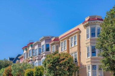 Apartment buildings with trees at the front against the sky at San Francisco, California. There is a building at the front with sash windows near the buildings on the left with bay windows.