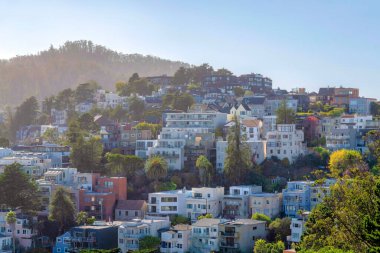 Modern residential buildings on a mountain against the faint skyline at San Francisco, California. There are dense large residential buildings with trees in between.
