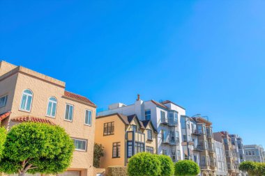 San Francisco, CA- Facade of urban residential buildings with topiary trees at the front. There are two detached houses on the left near the flat buildings with emergency stairs outside.