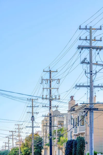 Row Electrical Posts Tangled Wires Urban Area San Francisco California —  Fotos de Stock