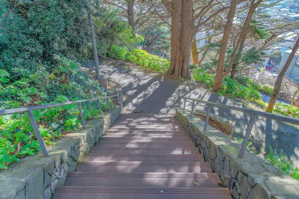 Concrete outdoor stairs leading to a concrete trail below in San Francisco, CA. View of a slope near the residential area with trees and concrete trails from above the stairs with metal handrails.