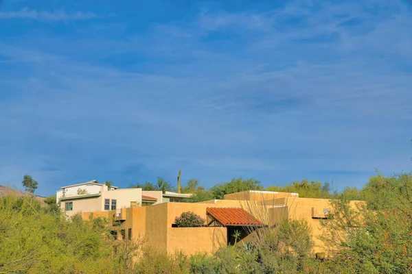 Mediterranean houses in the middle of trees and plants at Tucson, Arizona. There is a house at the front with concrete tile roof exterior near the house at the back with beige wall and green trims.