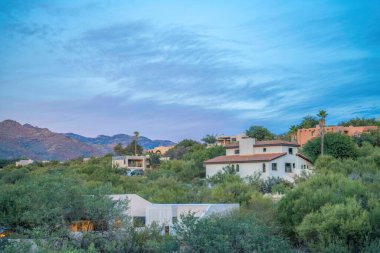 Sloped upper middle class suburban residences at Tucson, Arizona. Large residential house buildings surrounded by wild shrubs and trees near the mountain range at the back.