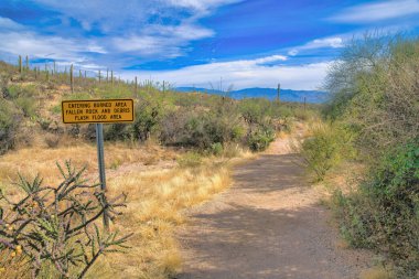 Nature trail with warning sign at the side in Tucson, Arizona. Yellow sign post with Entering Burned Area Falling Rocks and Debris Flashflood Area against the slope with saguaro cactuses and shrubs.