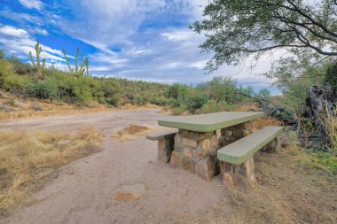 Picnic table with seat near the trail beside the slope with saguaro cactus at Tucson, Arizona. There is a burned trees on the right side of the table with a view of the trail and hill at the back against the sky.