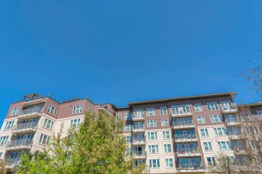 Facade of mid-rise residential building with beige and brown wall at San Antonio, Texas. There are trees at the front of the building with balconies and roof deck on the left side.