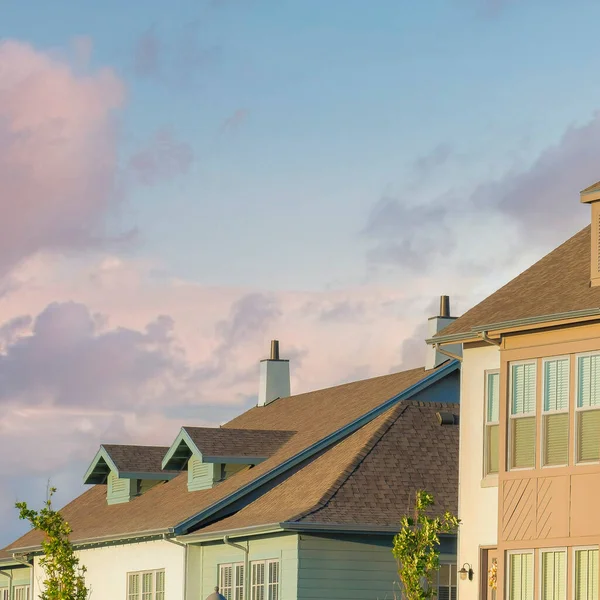 Square Puffy Clouds Sunset Two Houses Dormer Roofs Daybreak South — Foto de Stock