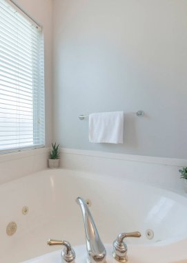 Vertical Corner bathtub with potted plants and widespread faucet on deck. Interior of a bathroom with corner tub near the window with blinds.