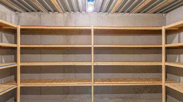 Panorama Unfinished Food Storage Basement Concrete Walls Interior Basement Wood — Photo