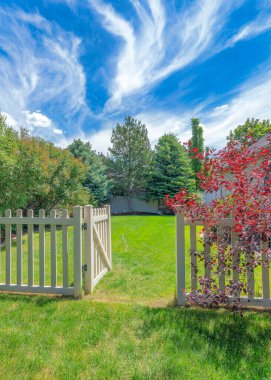 Vertical Whispy white clouds Backyard with picket fence and gate on a green lawn. There are trees on the left near the vinyl fence and a red tree against the house on the right.