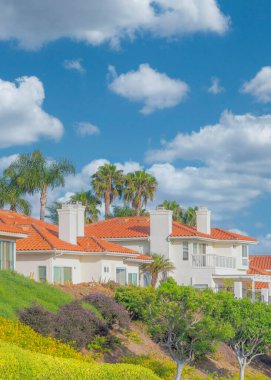 Vertical White puffy clouds Residential homes with orange bricks roofs and palm trees at South California. Houses on top of a landscaped slope with lawn and shrubs against the clear blue sky.