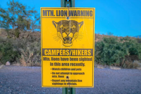 Mountain lion warning at Sabino Canyon State Park in Tucson, Arizona. Sign post regarding the mountain lions with safety precautions against the blurred road and slope background.