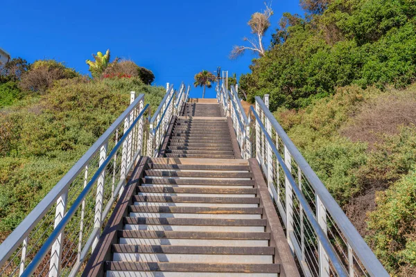 Straight outdoor staircase with metal railings on a mountain slope at San Clemente, California. There are wild shrubs and trees on both sides of the stairs against the clear blue sky.