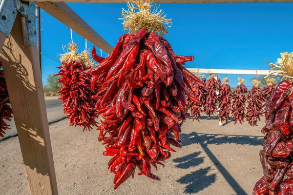Bright red strings of chili peppers for sale on the side of the road in Tucson, Arizona. Set of hanging chili peppers outdoors against the blue sky.