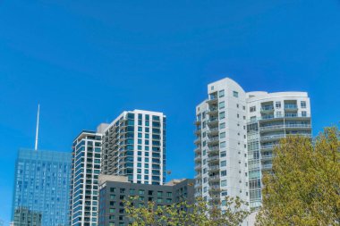 Austin, Teksas. Açık gökyüzü arka planında yerleşim binaları olan şehir manzaralı bir yer. Binaların önünde farklı tasarım ve yapılara sahip ağaçlar var..