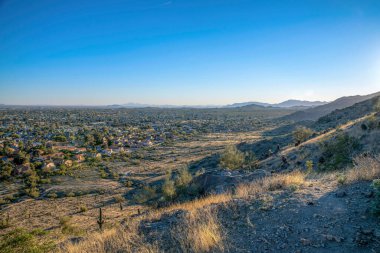 Phoenix, Arizona- Pima Kanyonu yürüyüş yolunun yamacında kaktüsleri olan büyük bir alan. Gün batımına karşı bir dağ yerleşim alanı var. Ufuk çizgisi ve dağ sırası..