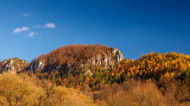 Sonbaharda kayalar ve ormanlarla kaplı dağlık bir arazi. Strazov Dağları 'ndaki Podskalsky Rohac Ulusal Doğa Rezervi Koruma Alanı, Slovakya, Avrupa.