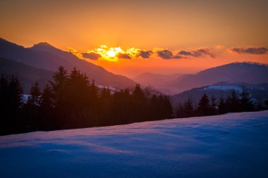 Gün batımında karlı kış manzarası. Slovakya, Avrupa 'daki Mala Fatra Milli Parkı.