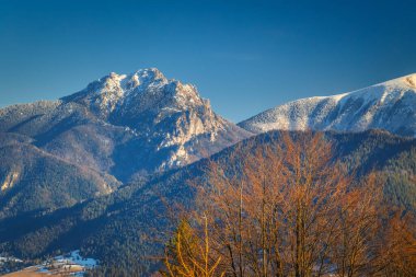 Kış sonunda arka planda dağlar olan manzara. Mala Fatra Milli Parkı, Slovakya, Avrupa.