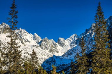 Karlı dağlarla birlikte manzara manzarası. Yüksek Tatras Ulusal Parkı, Slovakya, Avrupa.
