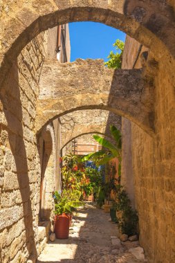 View of stone street of the historic center of the Rhodes town, Greece, Europe.