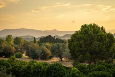A landscape view of the interior of the Rhodes island with mountains on a background, Greece, Europe.