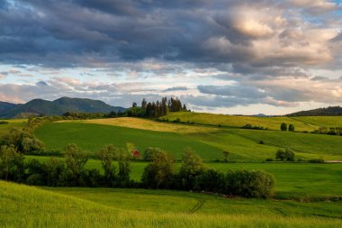 Günbatımında dramatik gökyüzü olan ilkbahar kırsal manzarası. Slovakya, Avrupa 'daki Küçük Fatra Dağları' nın yamaçlarındaki çayırlar.