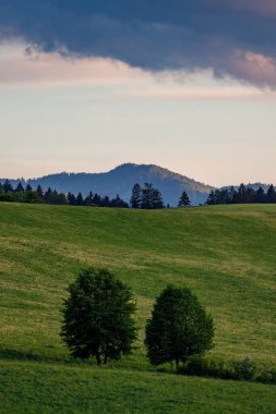 Günbatımında dramatik gökyüzü olan ilkbahar kırsal manzarası. Slovakya, Avrupa 'daki Küçük Fatra Dağları' nın yamaçlarındaki çayırlar.