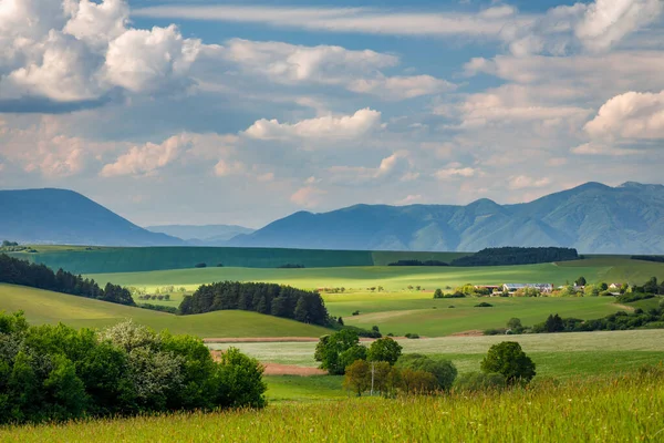 日当たりの良い春の農村風景は 背景に山と渓谷 スロバキア ヨーロッパのチュイエック渓谷 — ストック写真