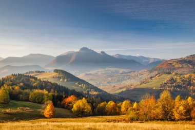 Sonbahar sabahı güzel dağlık kırsal alan. Slovakya 'nın kuzeybatısındaki Mala Fatra Milli Parkı, Avrupa.