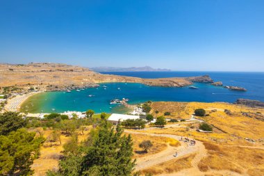 View from the Acropolis of Lindos to the coast of Rhodes island, Greece, Europe.