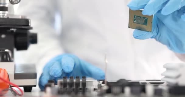 Ремонтник устанавливает компьютерный процессор на материнскую плату крупным платом 4k фильма замедленной съемки — стоковое видео