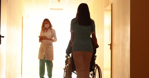 Медсестра возит пациента в инвалидном кресле и приветствует коллегу врача в больничном коридоре замедленной съемки 4К фильма — стоковое видео